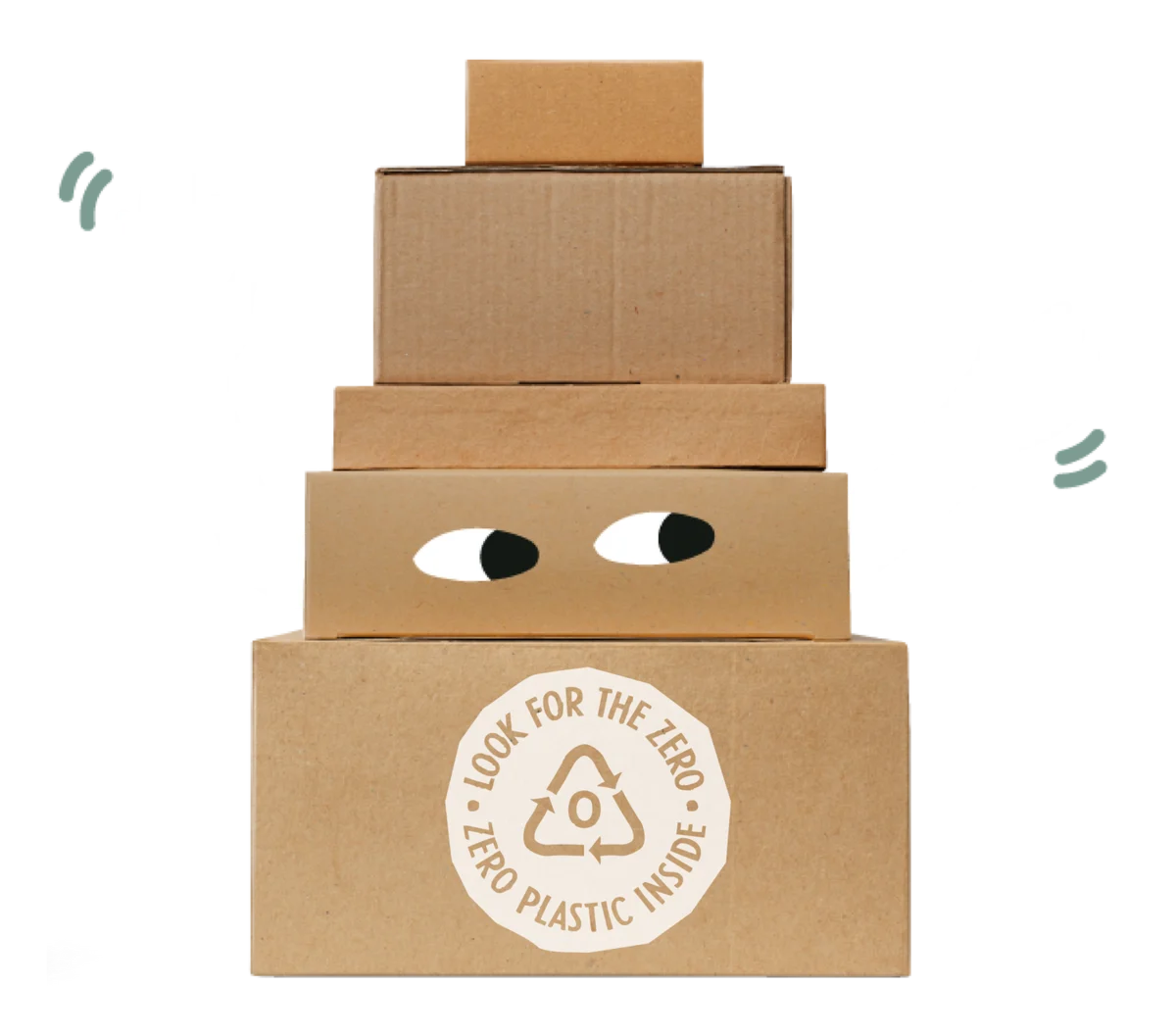 Stacked kraft boxes with a seal reading Look for the zero, zero plastic inside